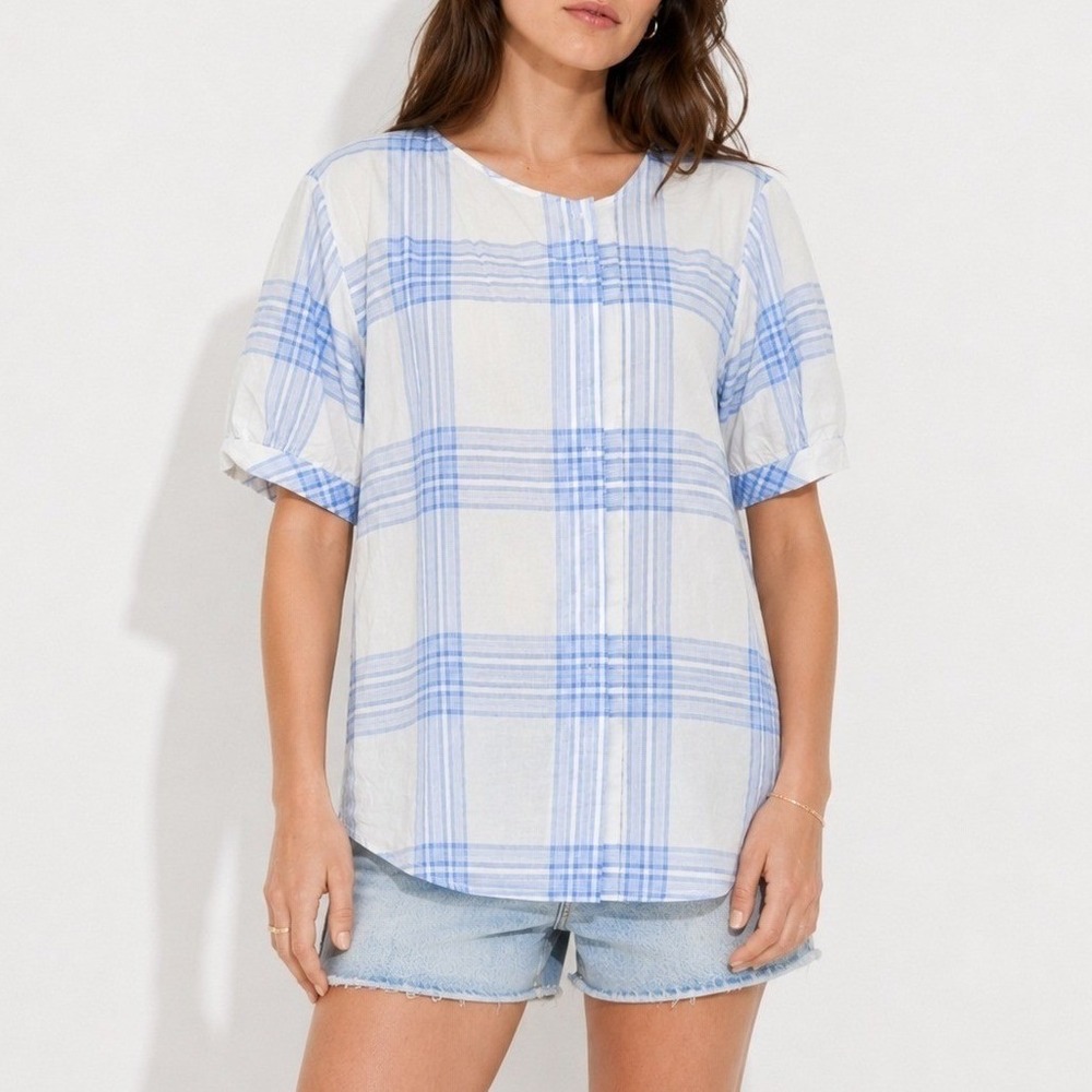 Maison Ullens Blue White Plaid Cotton Short Sleeve Top Women's FR 42 Sheer Italy - Picture 1 of 7